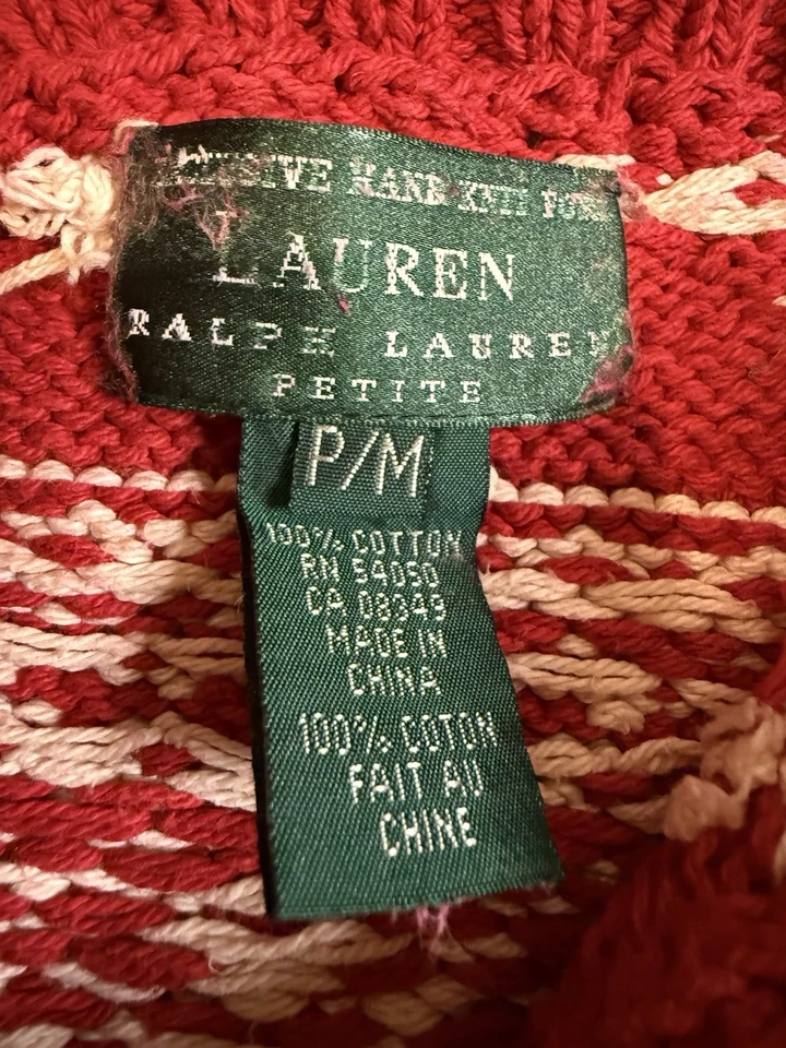 VTG Lauren Ralph Lauren Red Cotton Hand Knit Nordic Sweater Snowflakes Petite M - Image 4 of 4