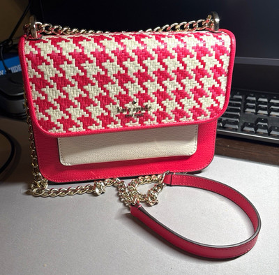Kate Spade New York Pink/White Houndstooth Crossbody w/ Chain Strap, Magnetic