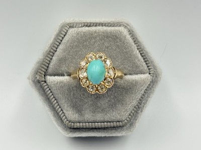 Antique Victorian 14k Gold Old Mine Cut Diamond Turquoise Cluster Ring Vintage