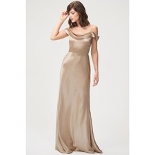 Jenny Yoo Serena. Latte Satin Back Crepe Elegant formal dress Off Shoulder Drape