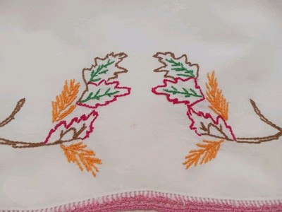 Pr Vtg Pillowcases Hand Embroidered w Colorful Fall Leaves w Crochet Lace Trim