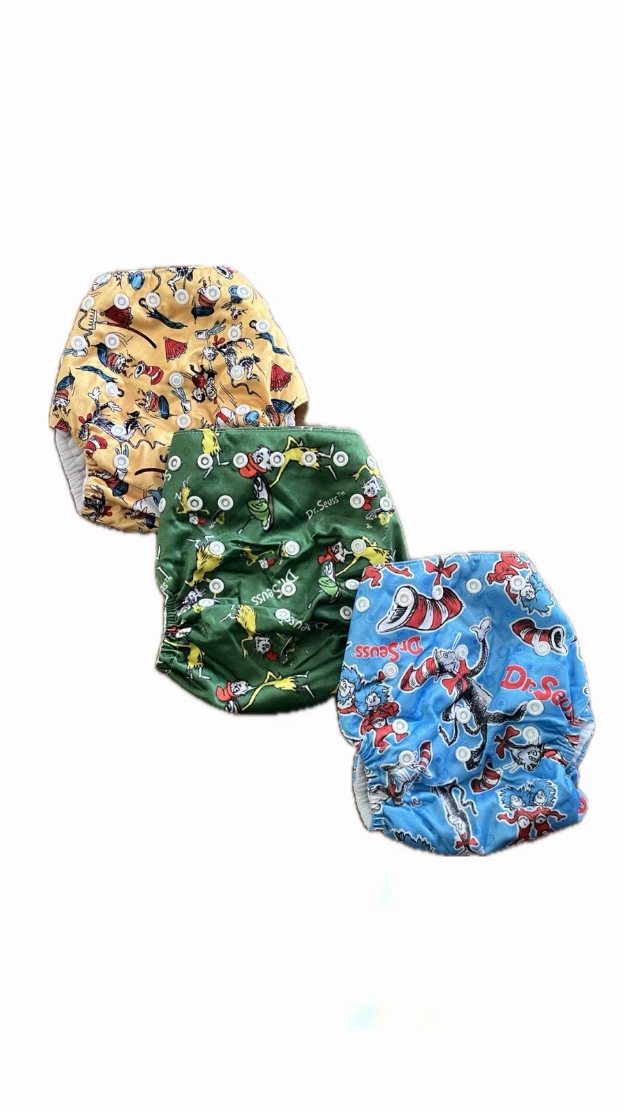 Lot of 3 Adjustable Reusable Washable Dr Suess Cloth Diapers With 3 Inserts