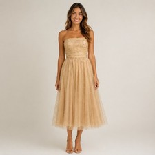 BHLDN Tulle Pearl Embellished Strapless Midi Dress Champagne Gold Size 2