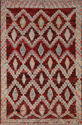 Red Handmade Wool Carpet Geometric Moroccan Style Rug 4x6 Ft Chevron Area Rug