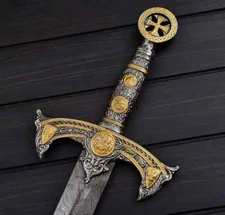 THE KNIGHTS TEMPLAR | Crusader Sword Custom Handmade Damascus Steel With Leather
