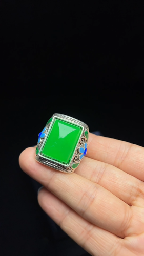 Certified Nature inlay ice green Burmese Jade Jadeite Amulet adjustable Rings - Video 1 of 1