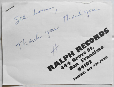 Hardy Fox SIGNED note, 1980s - Residents band co-founder. ''The Godfather Of Odd''