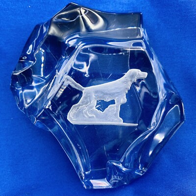 Val St Lambert Etched Crystal Intaglio Pointer Dog Art Glass Paperweight Iceberg
