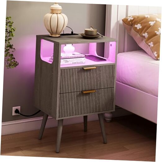 Modern Grey Oak Nightstand with USB Charging Station and LED Lights-image