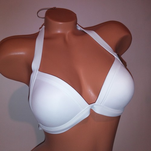 Bikini da bagno Victoria Secret ROSA top medio bianco tinta unita triangolo reggicalze imbottito