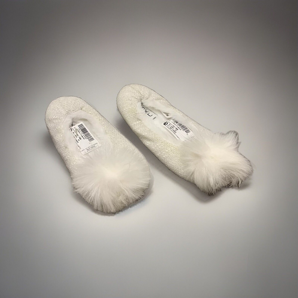 Next Girls Soft Fur Inside White Ballet Style Slippers Pom Pom UK