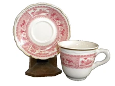 Vintage Syracuse China Cup & Saucer Set 92-C U.S.A. Red Exotic Pics w Gold Rims