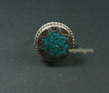 R18 Handmade size 10.25 Turquoise Coral Resin Tibetan Silver Finger Ring Nepal