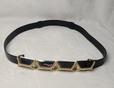 Vintage HTF Adjustable ALEXIS KIRK Black Leather Belt Silvertone Goldtone Buckle