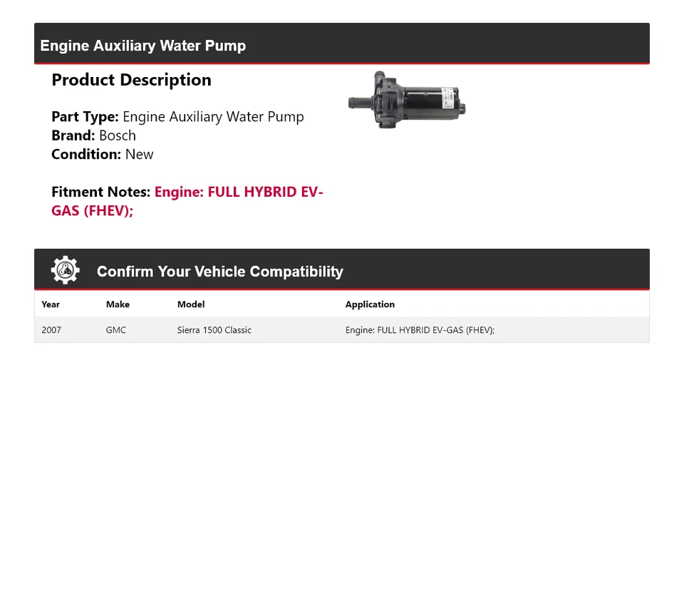 Bomba de agua auxiliar motor Bosch clásico GMC Sierra 1500 2007 Foto 2 de 4