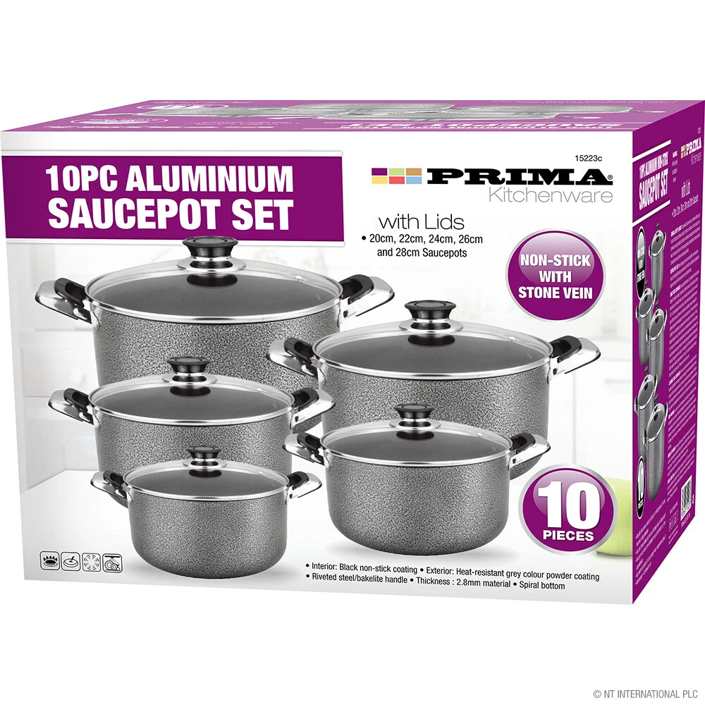 10Pc Aluminium Casserole Set Cookware Kitchen Sauce Pot Glass Lid Non-Stick New