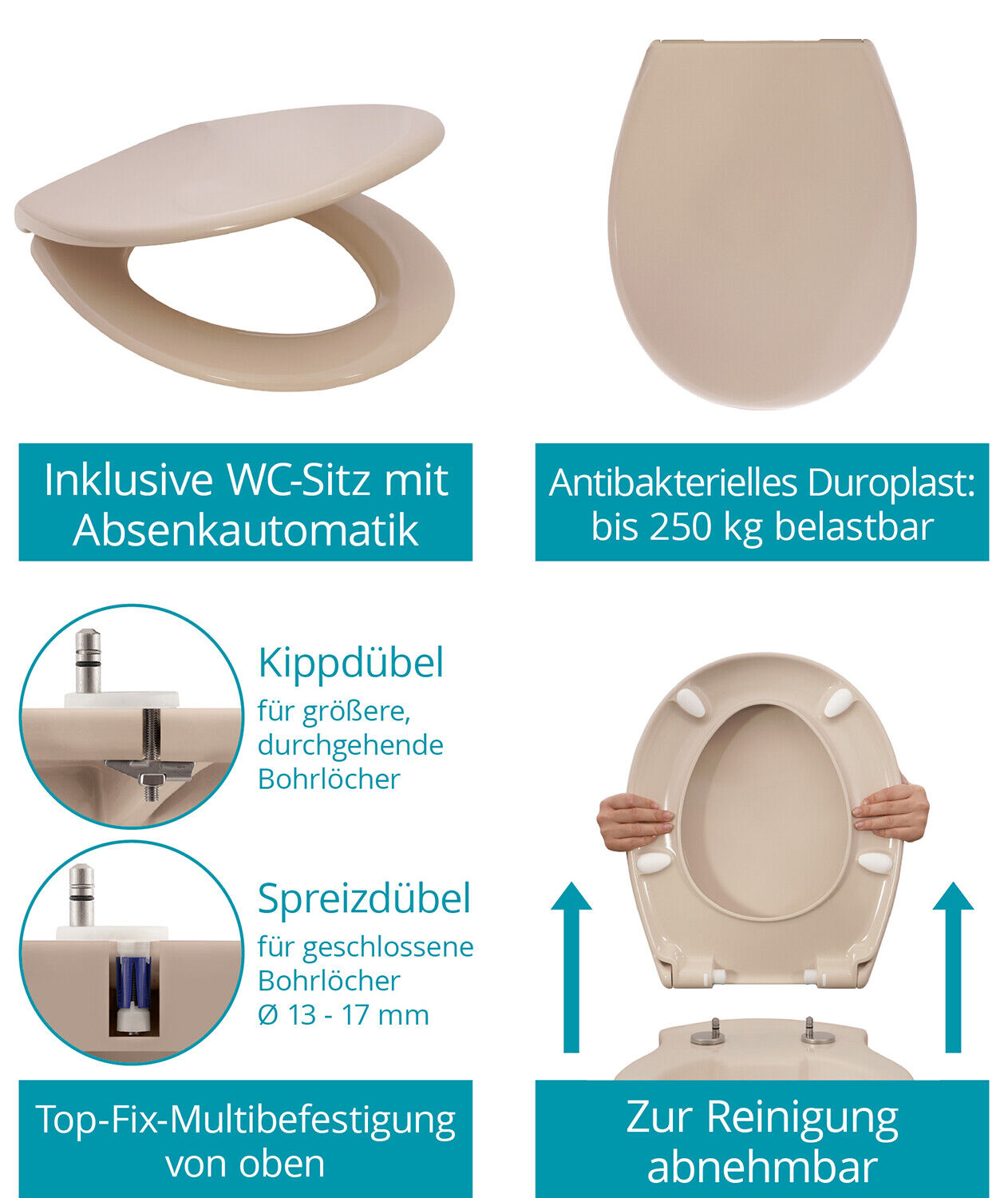 Spülrandloses Stand-WC Tiefspüler Set WC-Sitz Spülkasten Waschtisch Beige Grau