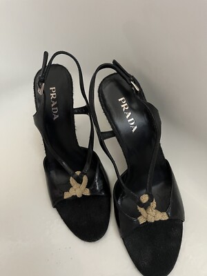 Prada Black Leather Pump Heel Sandals with Rope Detail size IT 38