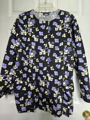 Cherokee Scrub Jacket size L-Black/Blue/Yellow Snap Front-Chest 26"/L 29" - Picture 1 of 5