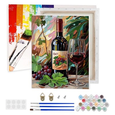 Rotwein Malen nach Zahlen Erwachsene, DIY Handgemalt Ölgemälde Kit, Grünes Bl...