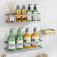 3-PC Adhesive Shower Caddy - Rustproof Shower Shelves with Soap Holder Hooks