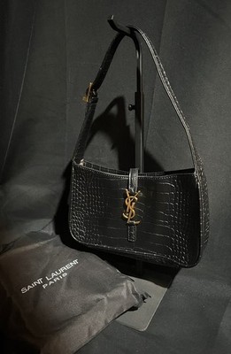 Saint Laurent Le 5 A 7 Hobo Bag Black Croc Embossed Leather YSL Handbag Shoulder