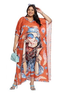 Women Plus-Size Boho-Chic Orange Kaftan Maxi Dress with Lady Face Prints