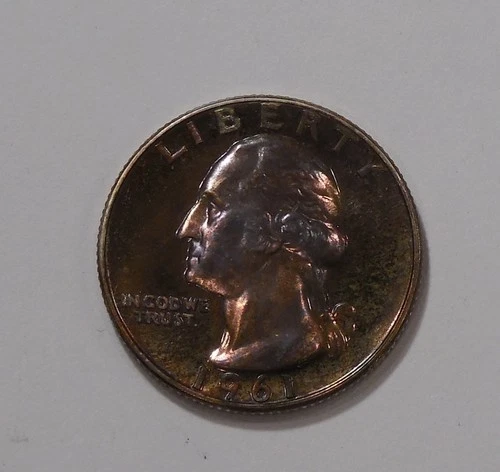 1961 PROOF WASHINGTON Quarter - 90% SILVER * Blue/Purple Set Toning 2-Sides