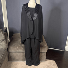 Women  s Black Chiffon 3 Piece Formal Pants Suit Satin Lapel Detail Size 14 NWT