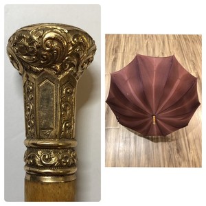 Antique William DeMuth Gold Headed Nylon Umbrella Burgundy Purple 33” Wmns WDC