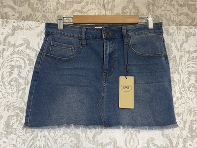 Rise Supply Co Cotton Stretch Raw Hem Denim Festival Cowgirl Mini Skirt Blue L