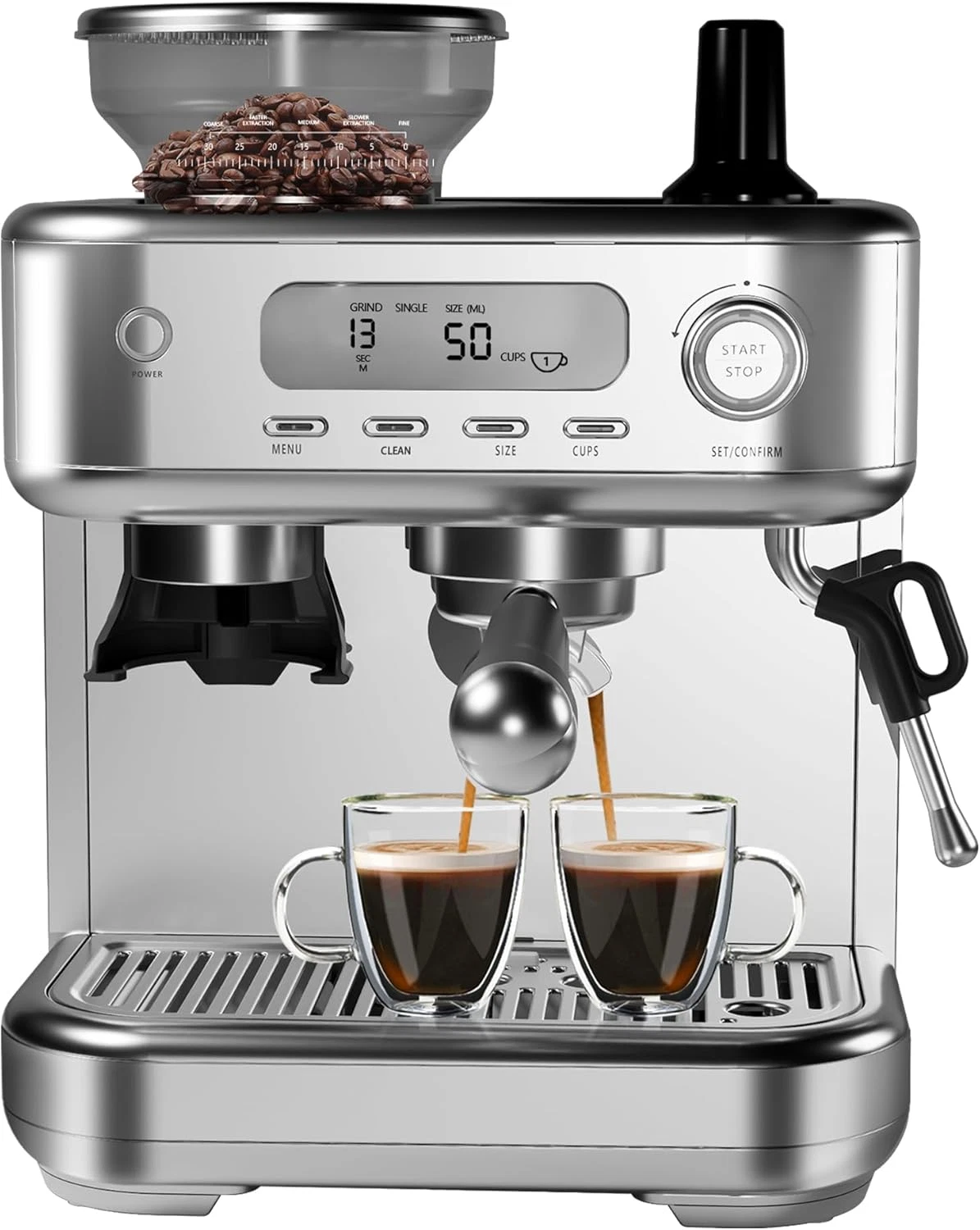 Espresso Machine with Grinder & Milk Frother, Digital LCD, Stainless Steel