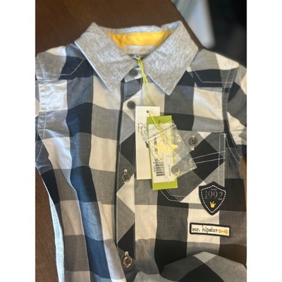 Petit Lem Boys 18M Buffalo Check Mr Hipster Button Down Shirt Navy White NWT
