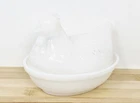 Milk Glass Hen on Nest Covered Dish Chicken Candy Bowl White Vintage 5" VGC Thin
