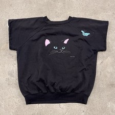 Vintage Cat Sweatshirt Womens Large Black Short Sleeve Kitten 80s 90s