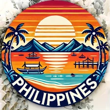 Retro Philippines Sunset Beach Aluminum Art Palm Trees Sailboats