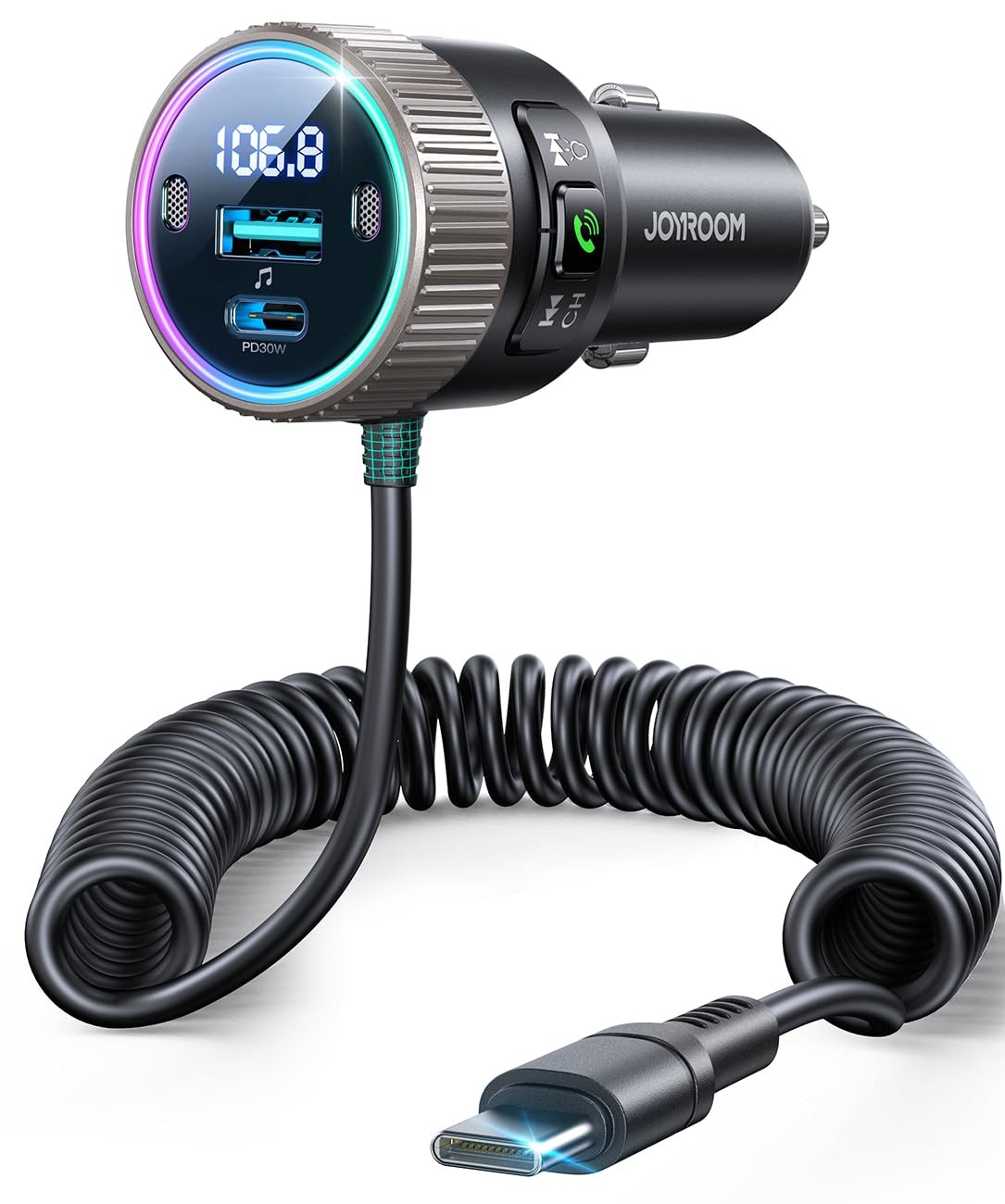 Bluetooth 5.4FM Transmitter 60W PD3.0 FastCar Chargr Coiled Cable iPhone Android