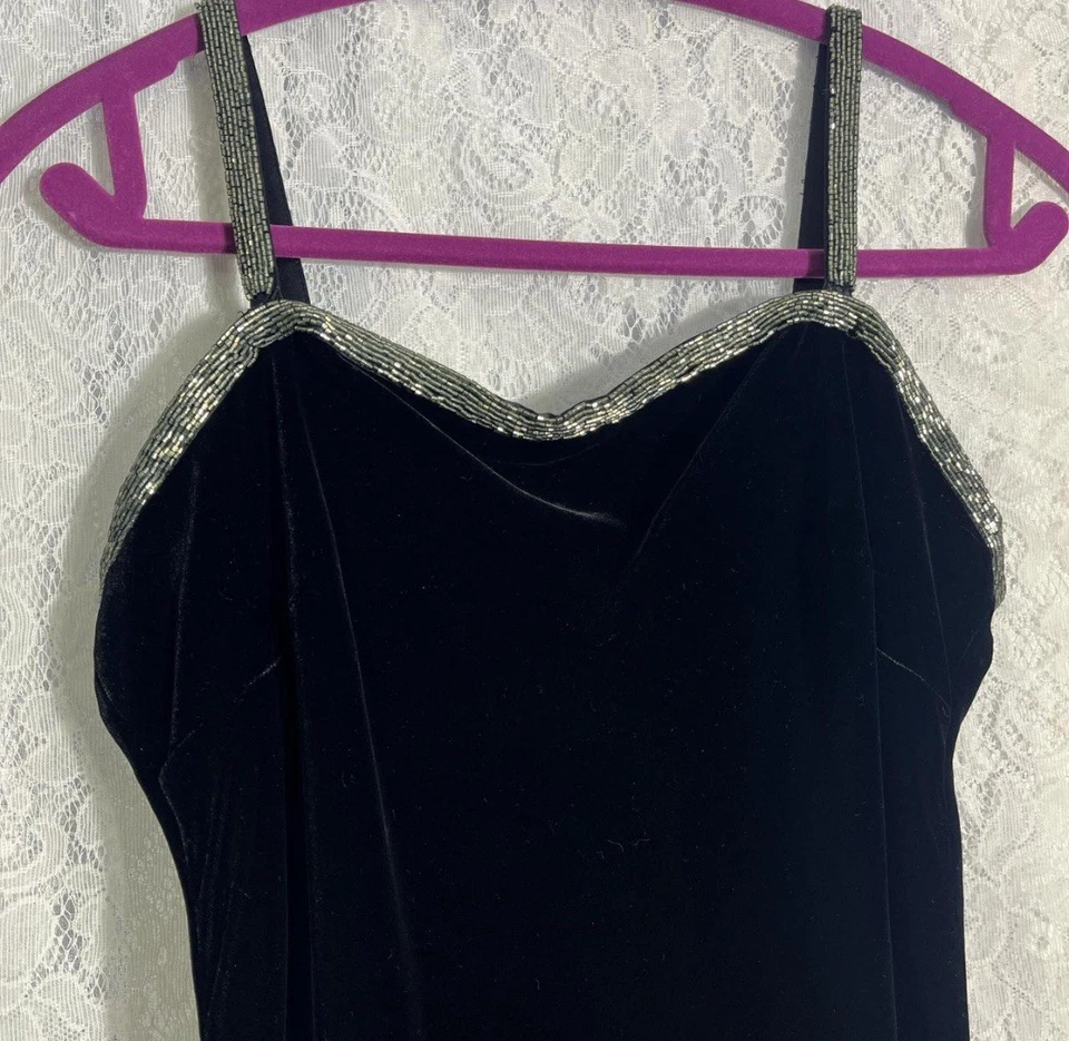 Lauren Ralph Lauren Black Velvet Beaded Cocktail Dress Midi 6 Holiday Party - Image 4 of 4