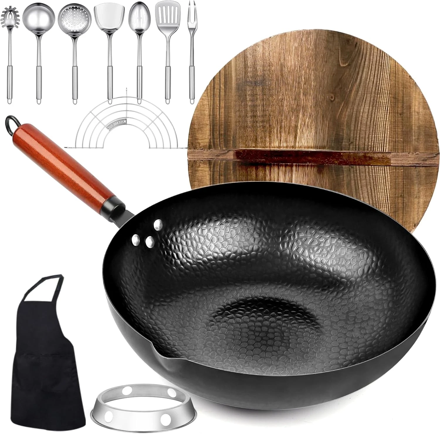 12 Piece Carbon Steel Wok Pan, Woks & Stir-Fry Pans Set with Wooden Lid Cookware