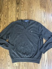 Polo Ralph Lauren Merino Wool Sweater Mens Large Runs Small Gray V-neck Logo