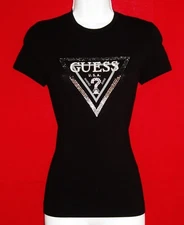 GUESS CRYSTAL & BLACK RHINESTONE LOGO SHORT SLEEVE BLACK TOP STRETCHY SMALL NWOT