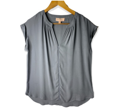 Philosophy Womens Blouse Size Medium Gray Cuffed Sleeve Notch Neck 