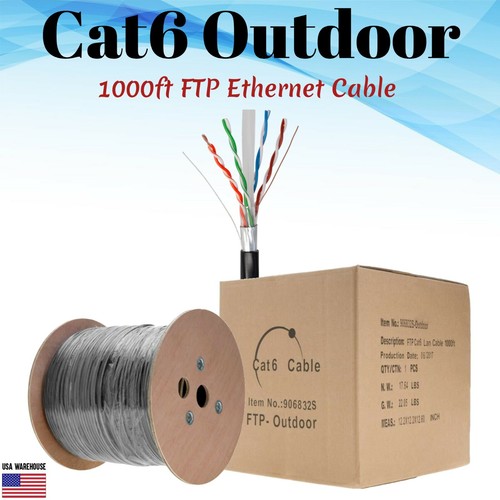Shielded 1000ft Outdoor Cat6 Ethernet Cable FTP Solid Direct Burial Black UV - 第 1/10 張圖片