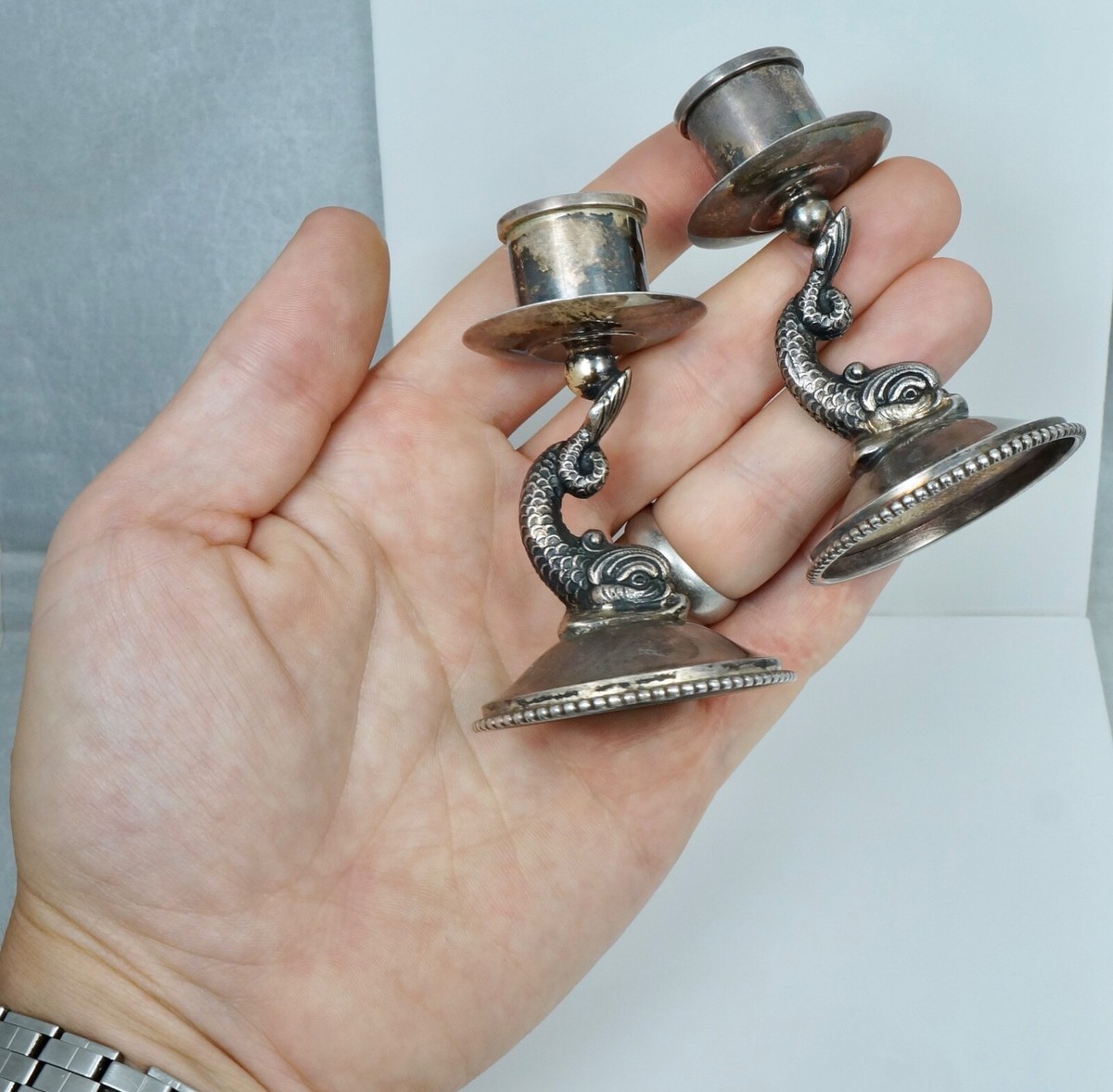 Vintage Dutch 835 Silver Dolphin Sea Monster Candlesticks Figural