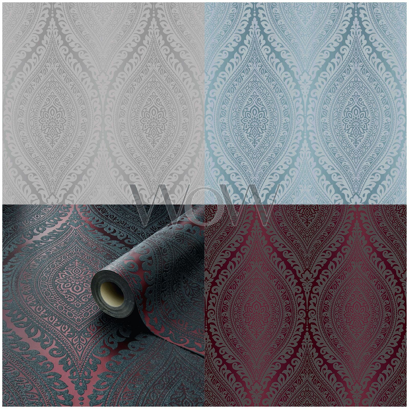 GRANDECO KISMET DAMASK GLITTER HIGHLIGHTED WALLPAPER PLUM TEAL SILVER