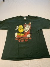 VINTAGE GARFIELD T-Shirt "YOU GOTTA WISH BIG TO GET BIG!&rdquo; JIM DAVIS Sz XL Green