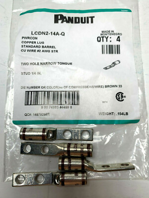 (Lot of 4) Panduit LCDN2-14A-Q Two Hole Lug w/Window #2AWG wire 1/4 Hole