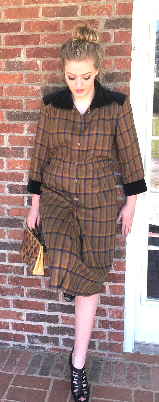 Abito Saint Laurent anni '70 a quadretti oro blu marrone collo polsino velluto 40 S M nuovo di zecca!