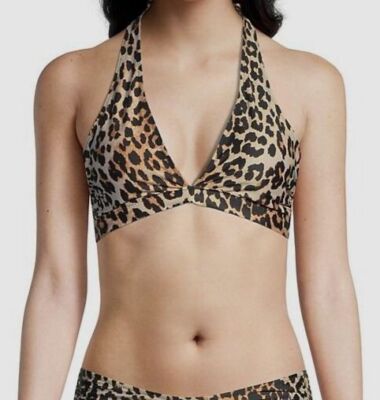 $95 Ganni Women's Brown Leopard Halter Bikini Top Swimwear Size EU