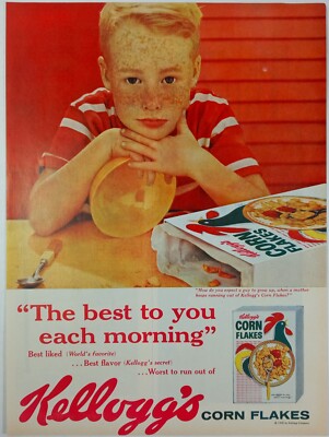 1950's KELLOGGS Corn Flakes Empty Bowl Freckle Face Colorful Vintage Print Ad